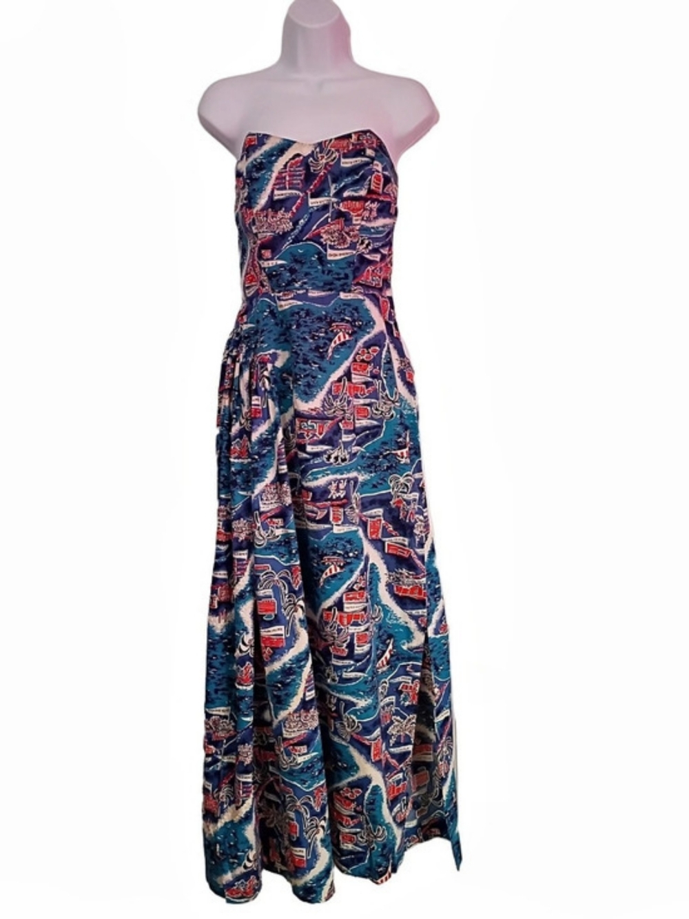 Vintage Hawiian Fabric Print Strapless Blue & Red Maxi Dress